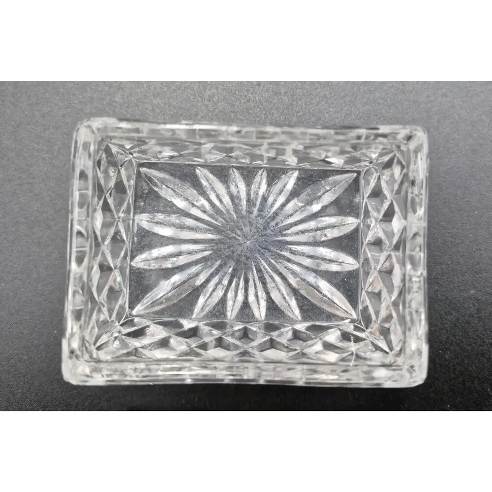 Vintage Small Crystal Casket Trinket Box Lid Starburst Crosshatch 2.75x2x2.5